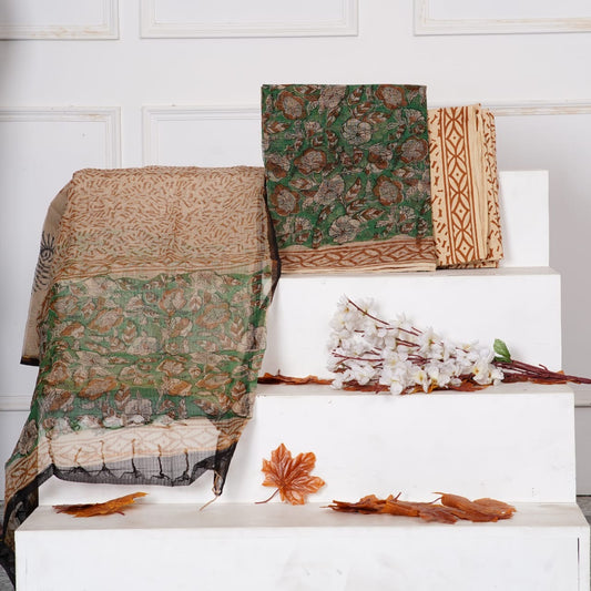 Green Kalamkari Handblock Printed Kota Doria Suit Material With Kota Doria Dupatta with Jari Border
