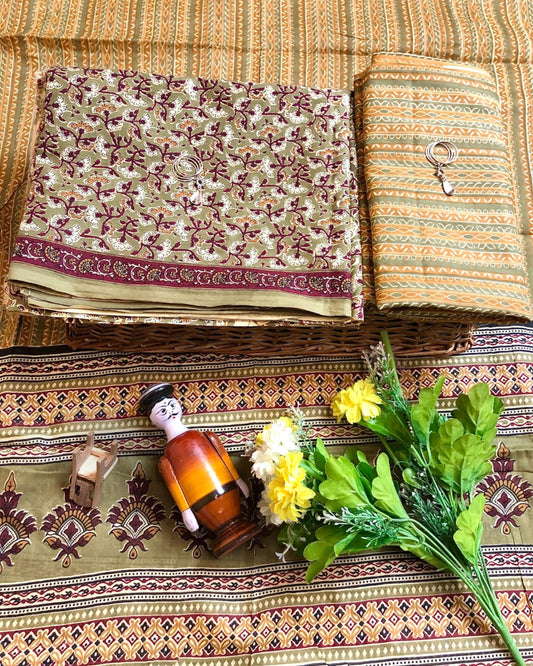 Hand Block Printed Cotton Suit With Mulmul Cotton Dupatta
