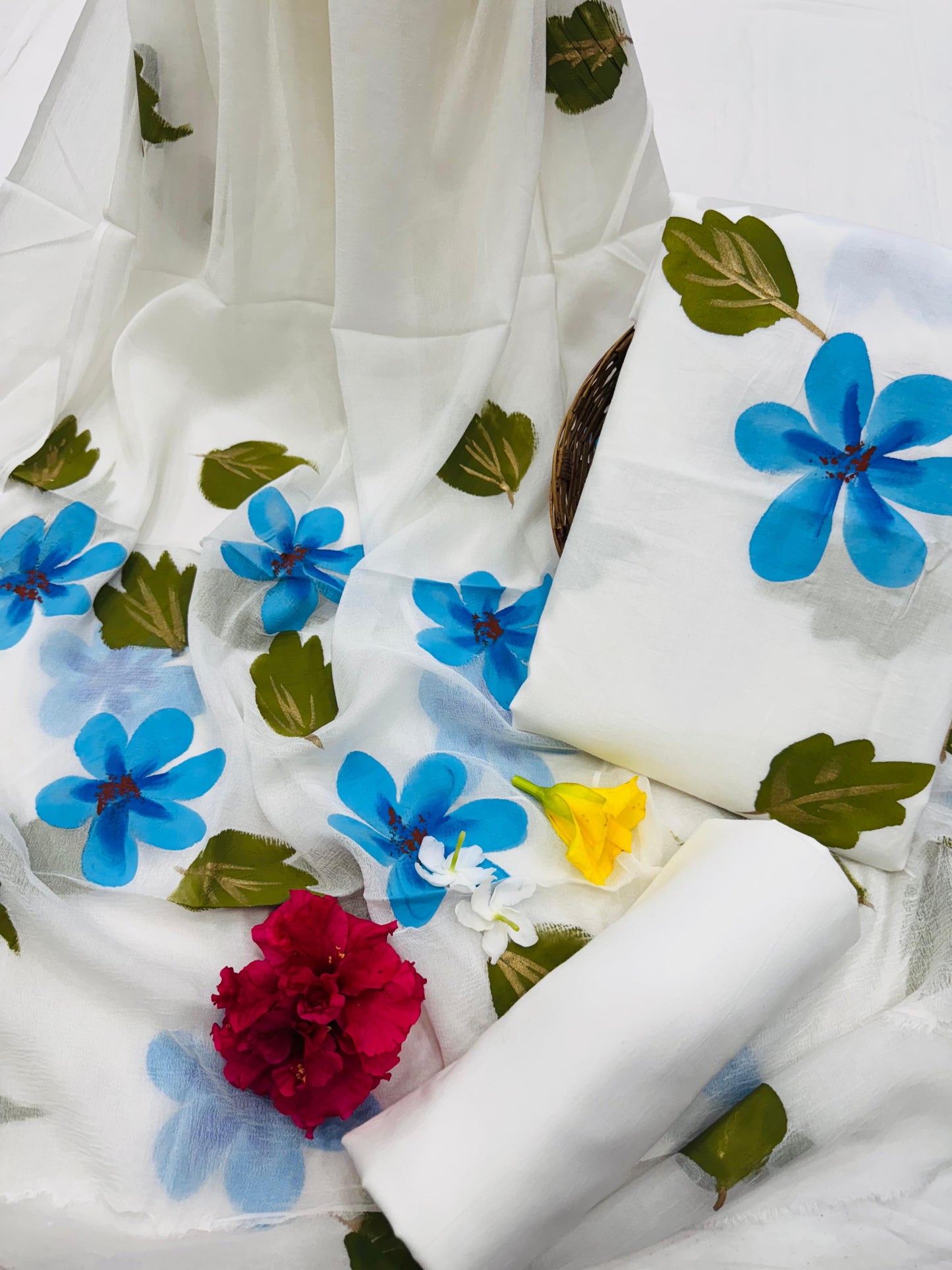 White Hand Painted Cotton Suit With Hand Painted Chiffon Dupatta