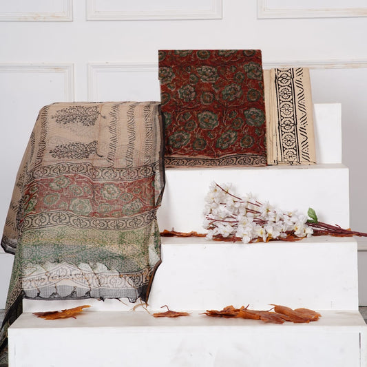 Kalamkari Handblock Printed Kota Doria Suit Material With Kota Doria Dupatta with Jari Border
