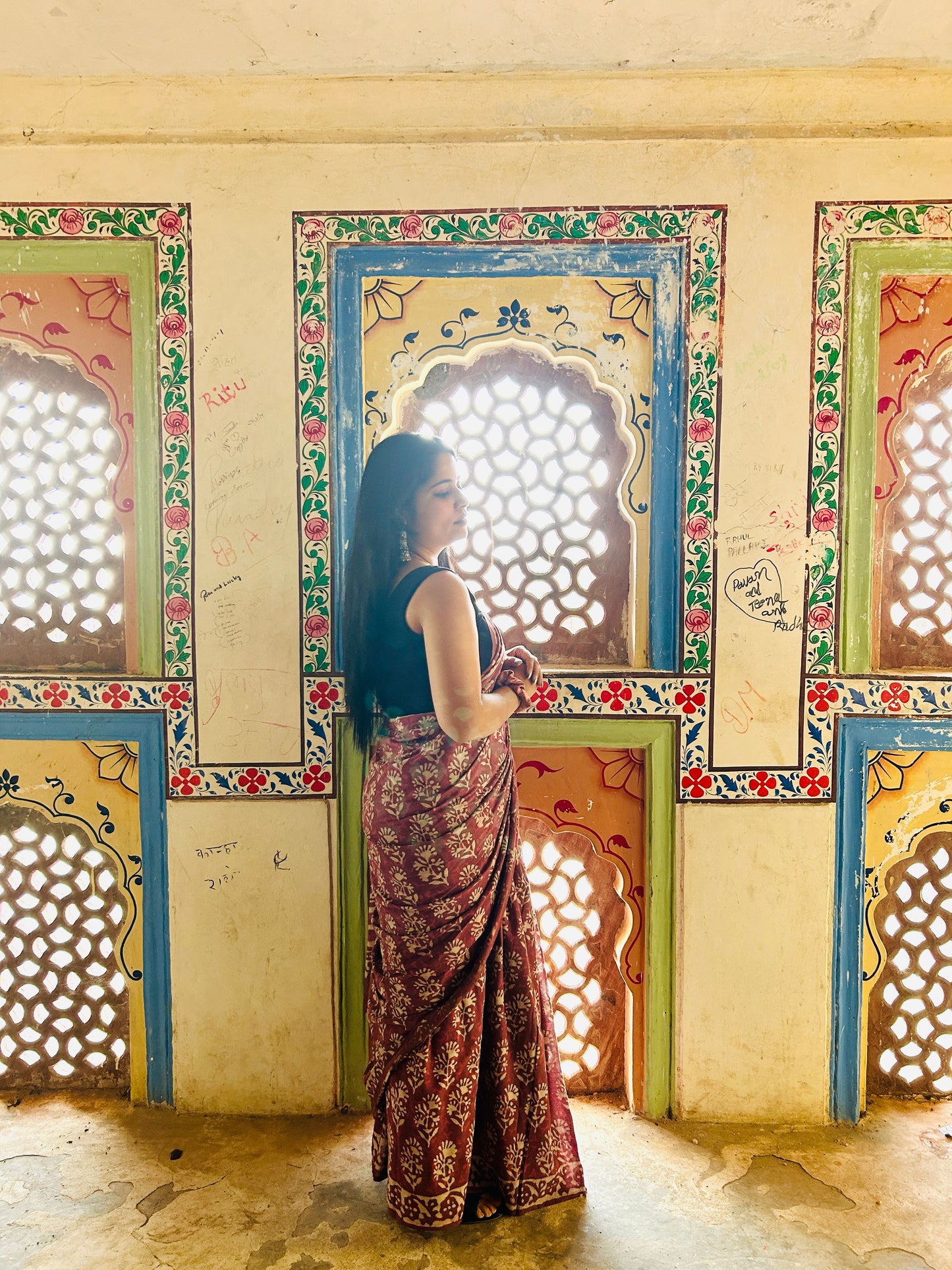 Bagru Kalamkari Handblock Printed Cotton Mulmul Saree with Blouse Piece