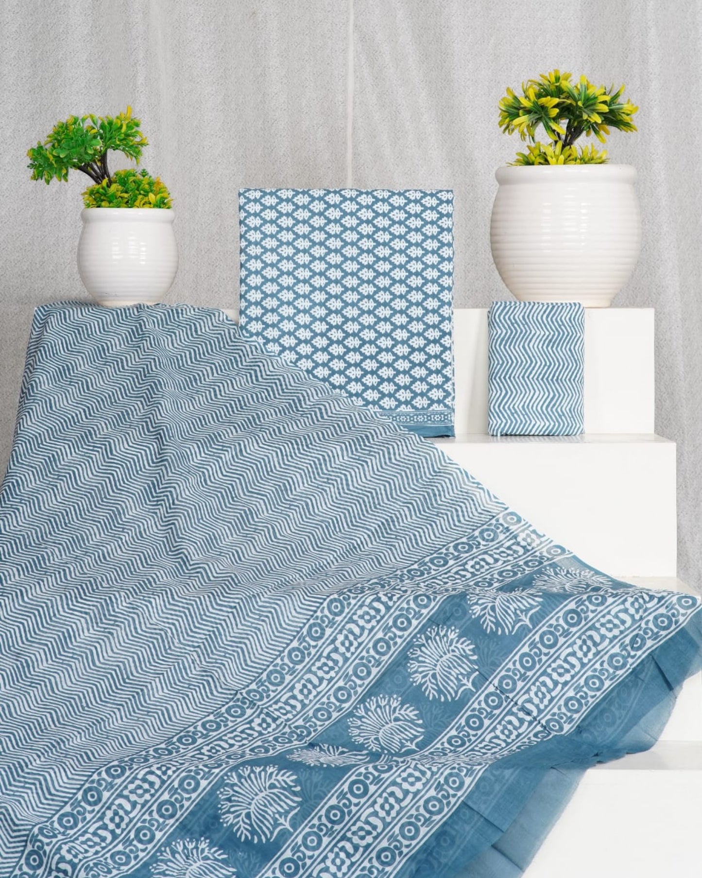 Hand Block Printed Cotton Suit With Mulmul Cotton Dupatta