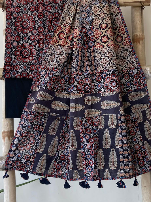 Ajrakh Dupatta suit With hand applique mirror work Ajarakh print Suit pcs with patch work and mirror work dupatta