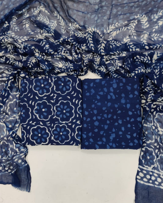 Indigo Hand Block Printed Cotton Suit With Chiffon Dupatta