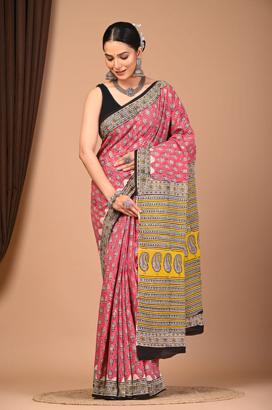 Dabu Handblock Printed Cotton Mulmul Saree with Blouse Piece