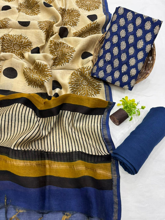 Premium Handblock Print Pure Chanderi Silk Unstitched Suit Set – Handwoven Zari Border | The Bhankar’s