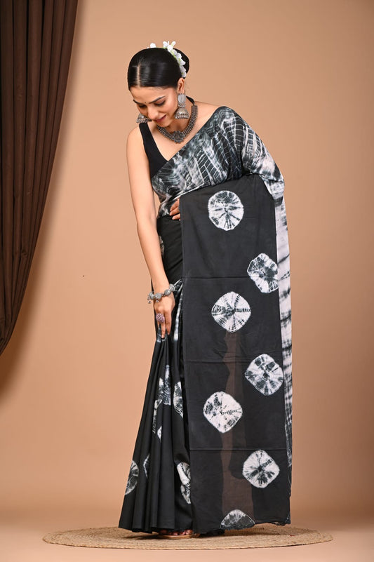 Black Tie Die Hand Block Printed Cotton Mulmul Saree with Blouse Piece