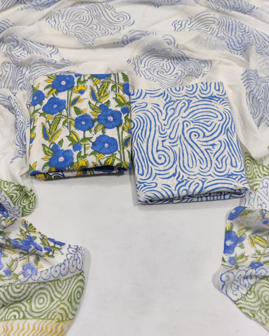 Hand Block Printed Cotton Suit With Chiffon Dupatta