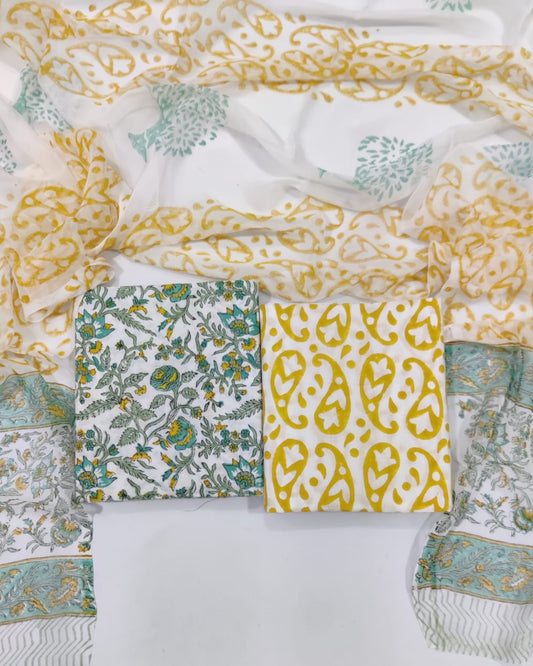 Rapid Hand Block Printed Cotton Suit With Chiffon Dupatta