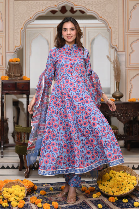 Bagru Handblock Printed Anarkali Set With Kota doria Dupatta with Zari Border
