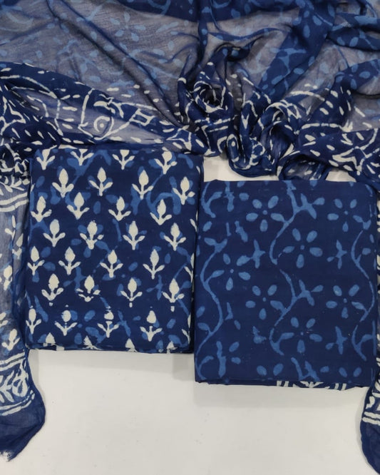Indigo Hand Block Printed Cotton Suit With Chiffon Dupatta
