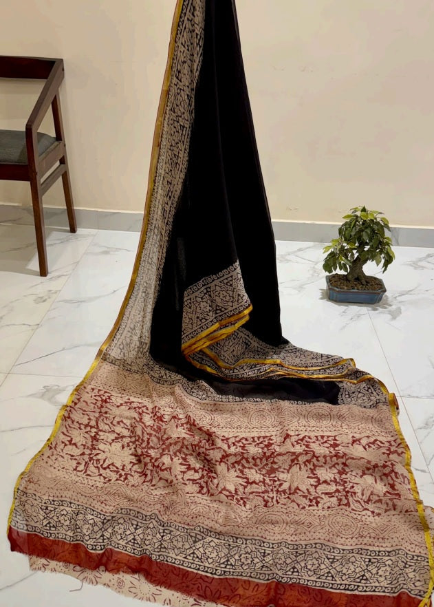 Exclusive Handblock Printed Pure Double Diamond Chiffon Saree in Black | Premium Bemberg Silk Chiffon with Intricate Zari Border