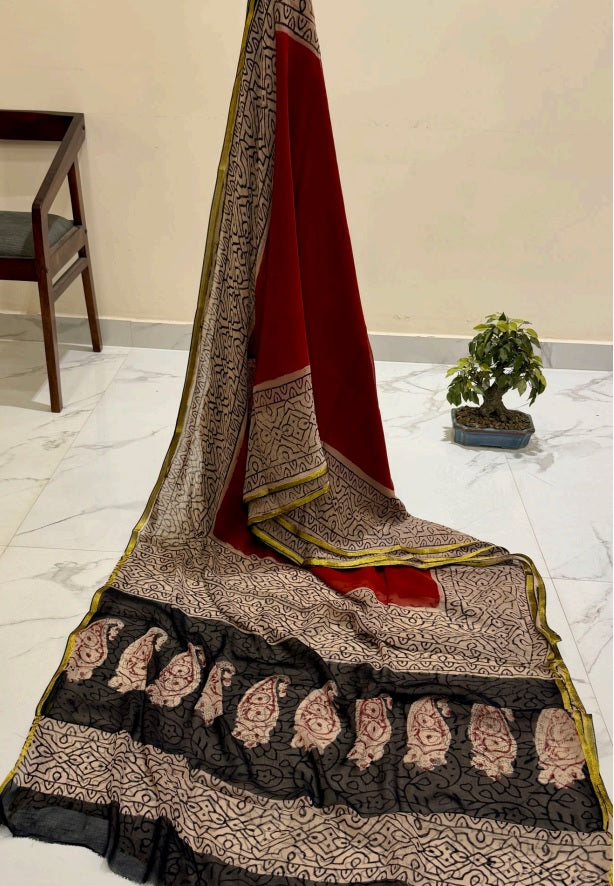 Exclusive Handblock Printed Pure Double Diamond Chiffon Saree in Maroon Red | Premium Bemberg Silk Chiffon with Black & Gold Zari Border
