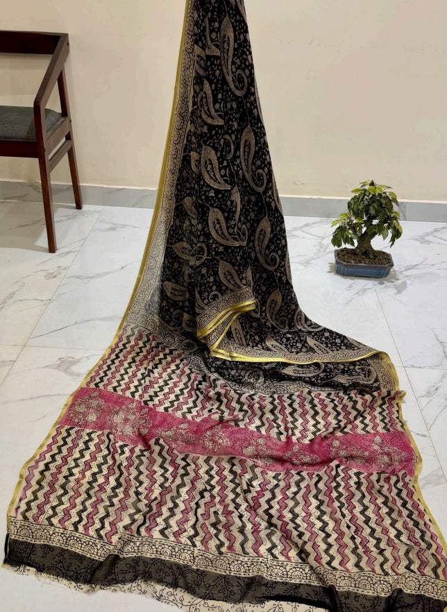 Exclusive Handblock Printed Pure Double Diamond Chiffon Saree in Black with Vibrant Pink & Gold Zari | Premium Bemberg Silk Chiffon with Paisley Pallu