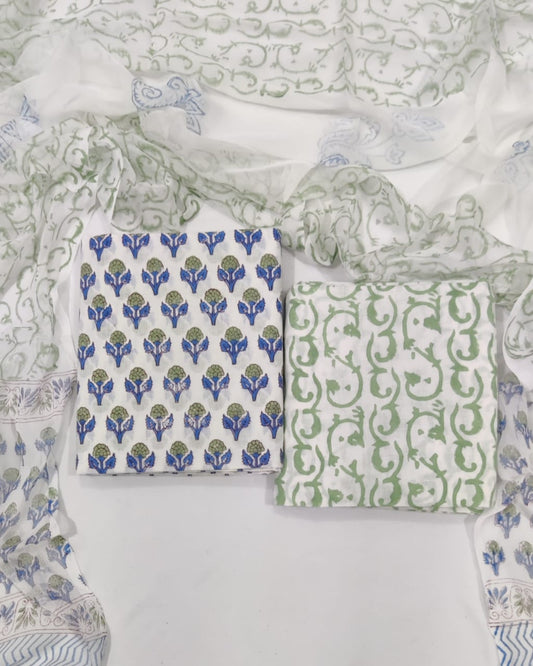 Rapid Hand Block Printed Cotton Suit With Chiffon Dupatta
