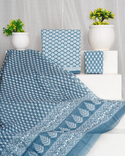 Hand Block Printed Cotton Suit With Mulmul Cotton Dupatta