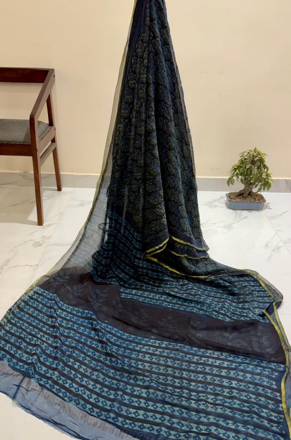 Exclusive Handblock Printed Pure Double Diamond Chiffon Saree in Deep Navy Blue | Premium Bemberg Silk Chiffon with Intricate Gold Zari Border