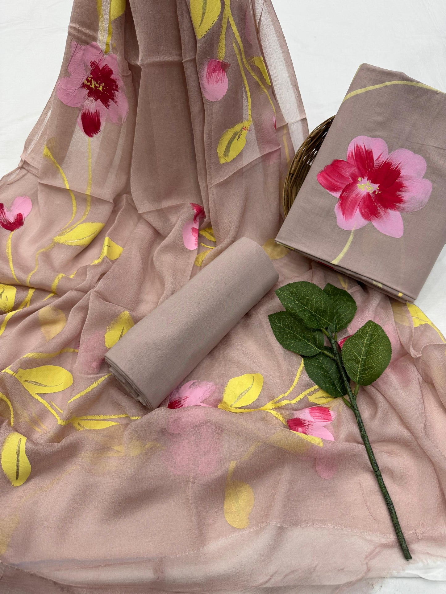 Beige Hand Painted Cotton Suit With Hand Painted Chiffon Dupatta