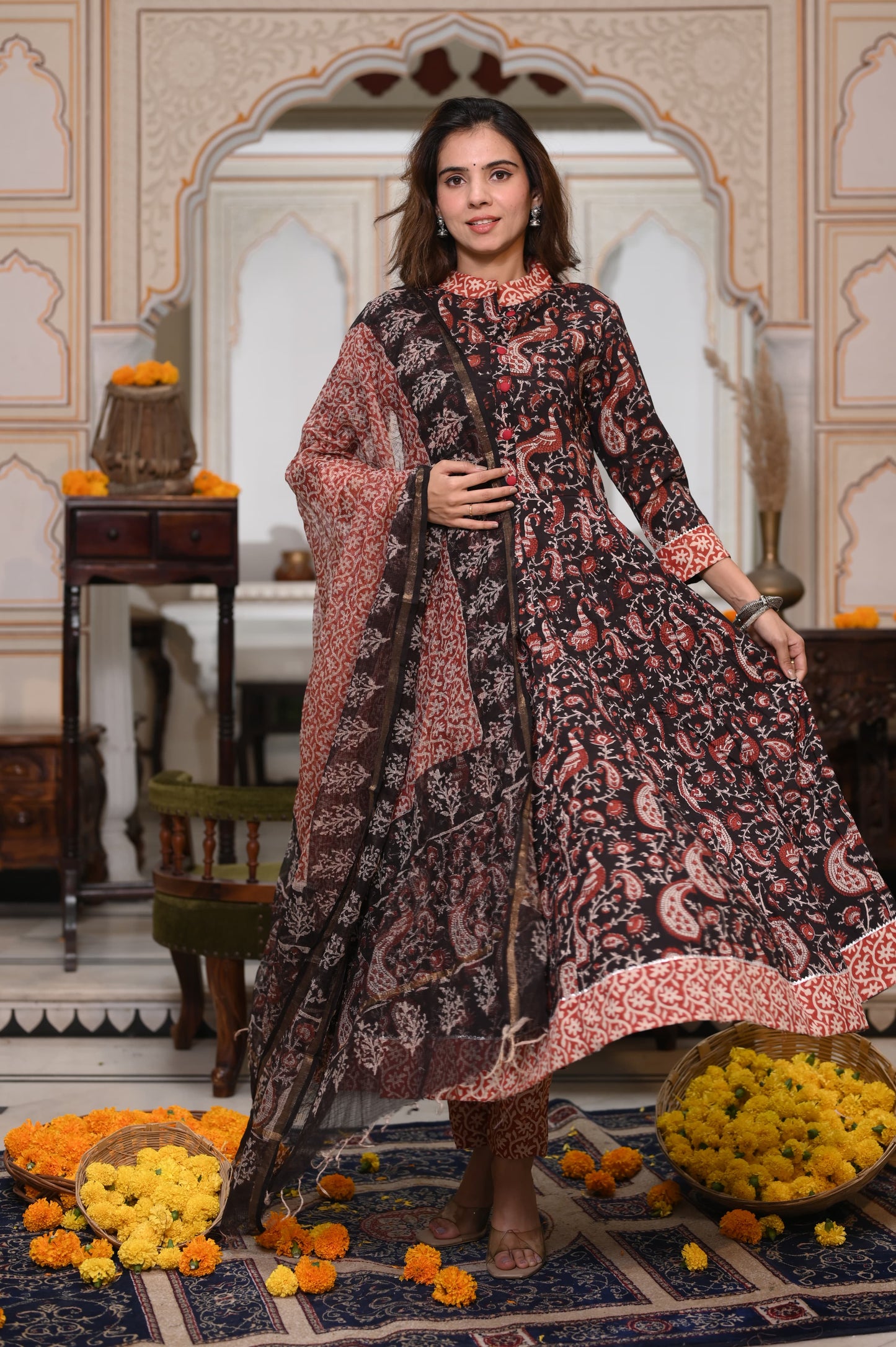 Bagru Handblock Printed Anarkali Set With Kota doria Dupatta with Zari Border