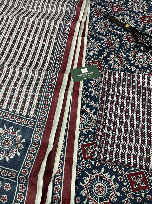 Ajrakh Handblock Printed Cotton Suit With Mulmul Cotton Dupatta