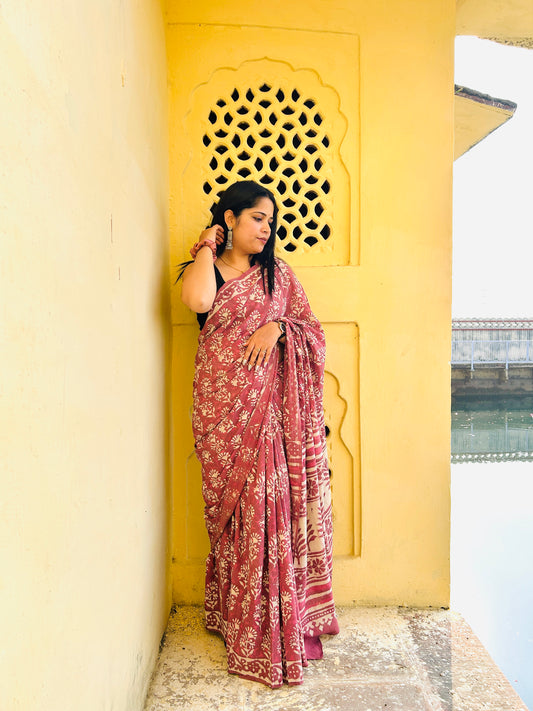 Bagru Kalamkari Handblock Printed Cotton Mulmul Saree with Blouse Piece