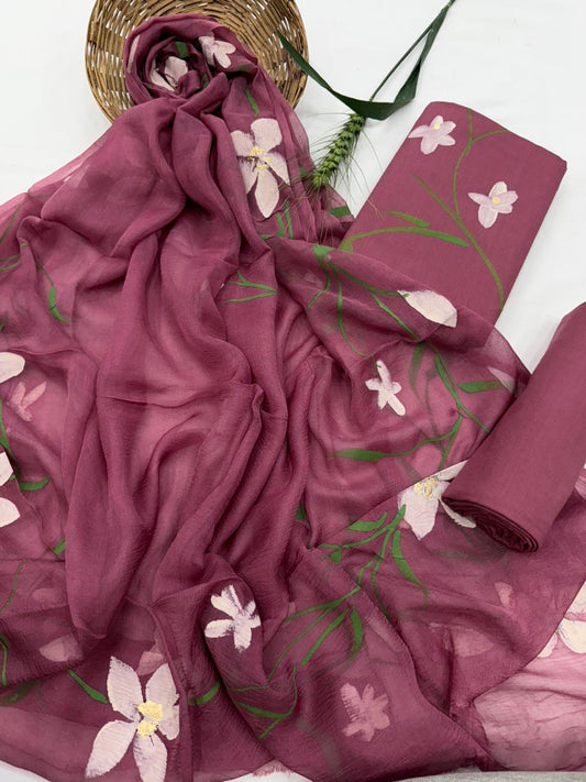 Beautiful Hand Painted Cotton Suit With Hand Painted Chiffon Dupatta