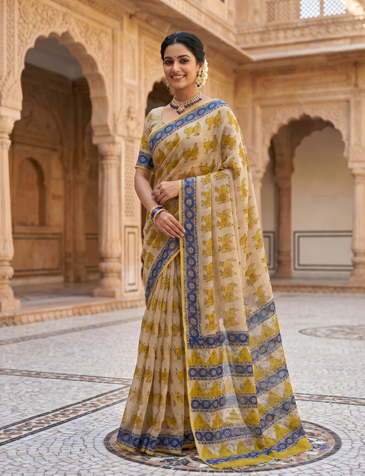 Exclusive Handblock Printed Pure Double Diamond Chiffon Saree in Cream Beige with Yellow & Blue Animal Motifs | Premium Bemberg Silk Chiffon with Royal Zari Border