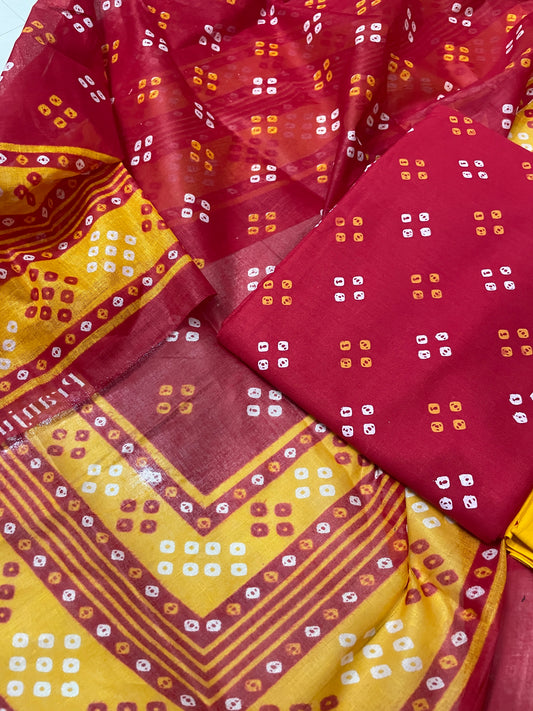 Bandhej Cotton Printed Suit set With Mulmul Dupatta