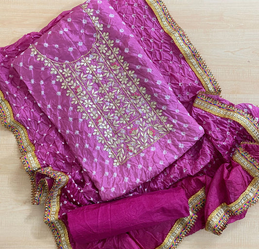 BANDHANI HEAVY SILK FABRIC SUITS WITH BEAUTIFUL HAND GOTAPATTI WORK DUPATTA DOUBLE SHADED