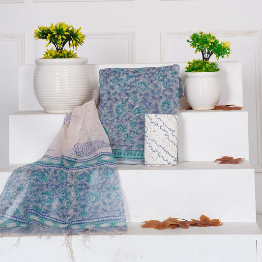 Turquoise Sanganeri Handblock Printed Kota Doria Suit Material With Kota Doria Dupatta with Jari Border