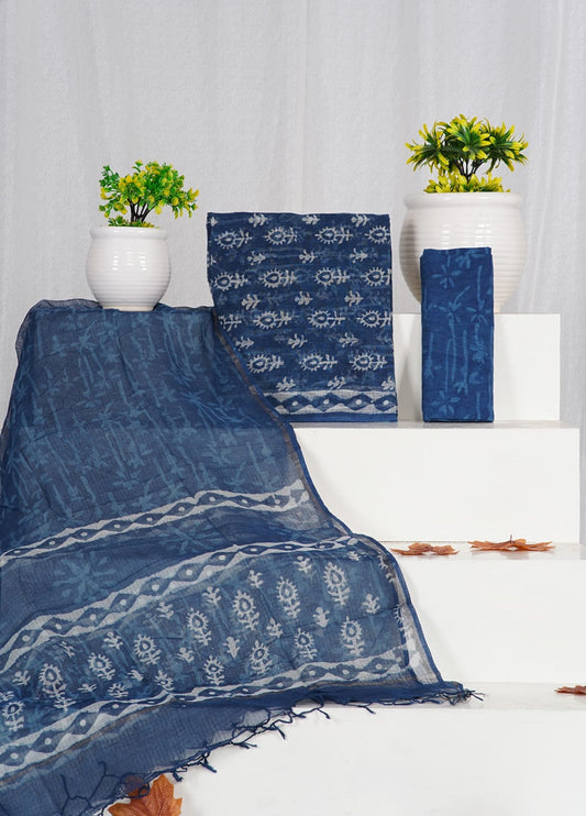 Indigo Dabu Printed Kota Doria Suit Material With Kota Doria Dupatta with Jari Border