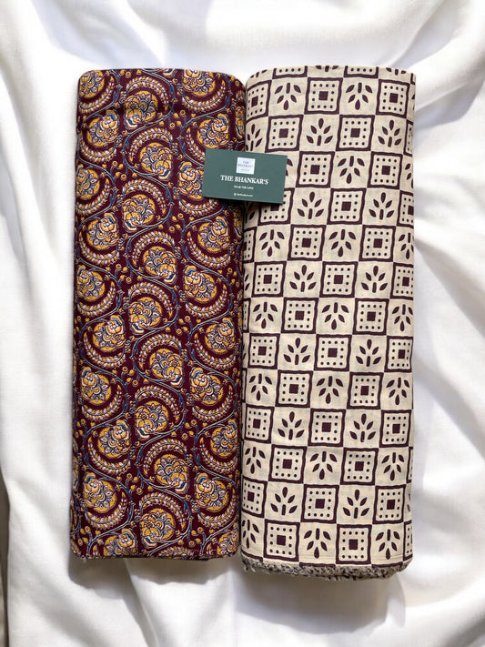 Beautiful Kalamkari Print Top and Bottom Cotton Combo Set Fabric 2.5 Mtr Top 2.5 Mtr Bottom