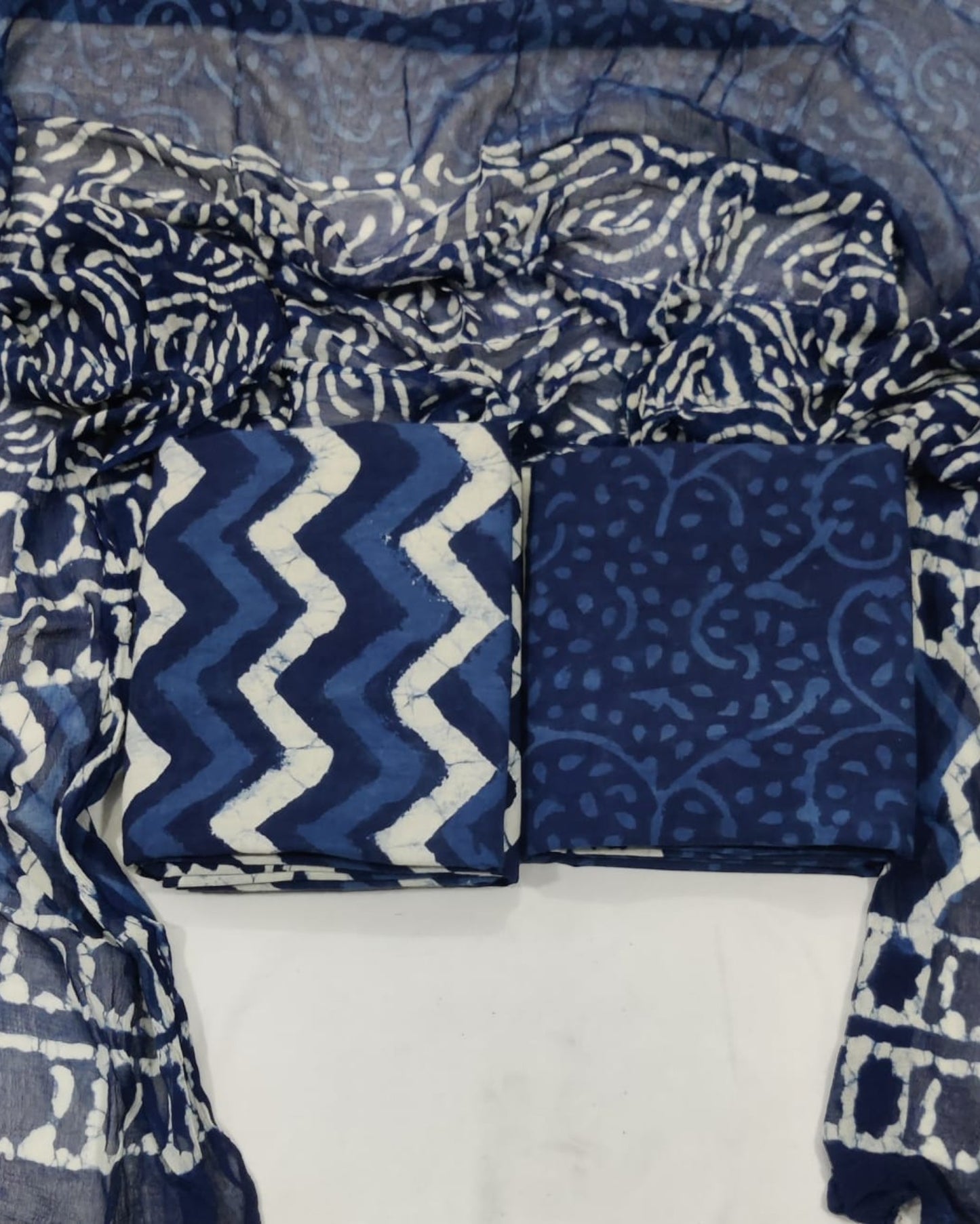 IndigoHand Block Printed Cotton Suit With Chiffon Dupatta