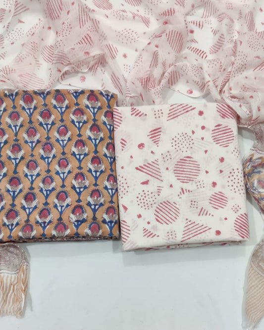 Rapid Hand Block Printed Cotton Suit With Chiffon Dupatta
