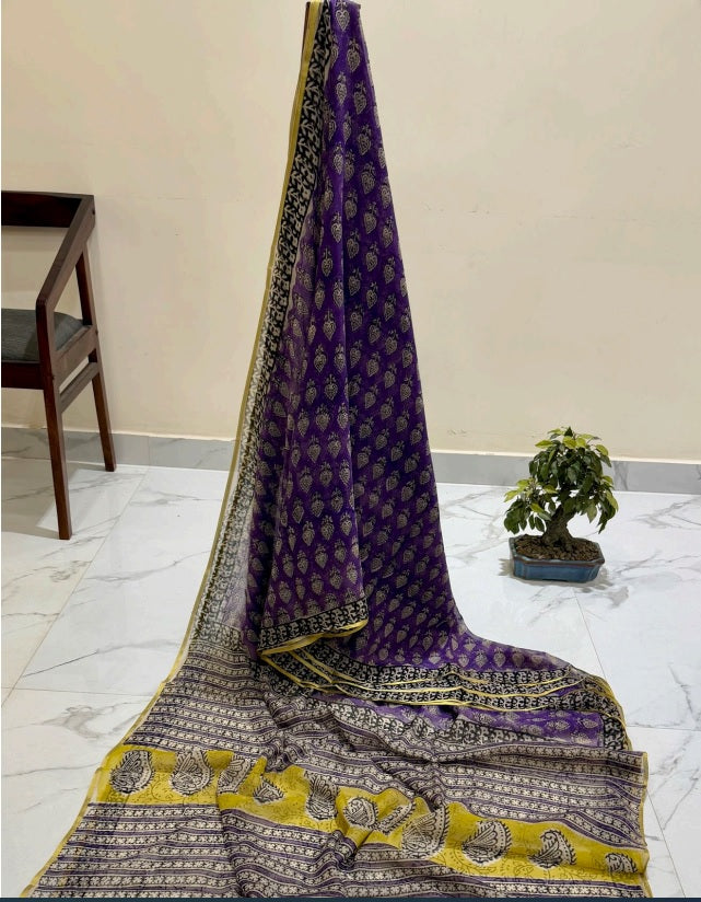 Exclusive Premium Handblock Printed Pure Double Diamond Chiffon Saree with Matching Blouse Piece – Royal Purple Traditional Design