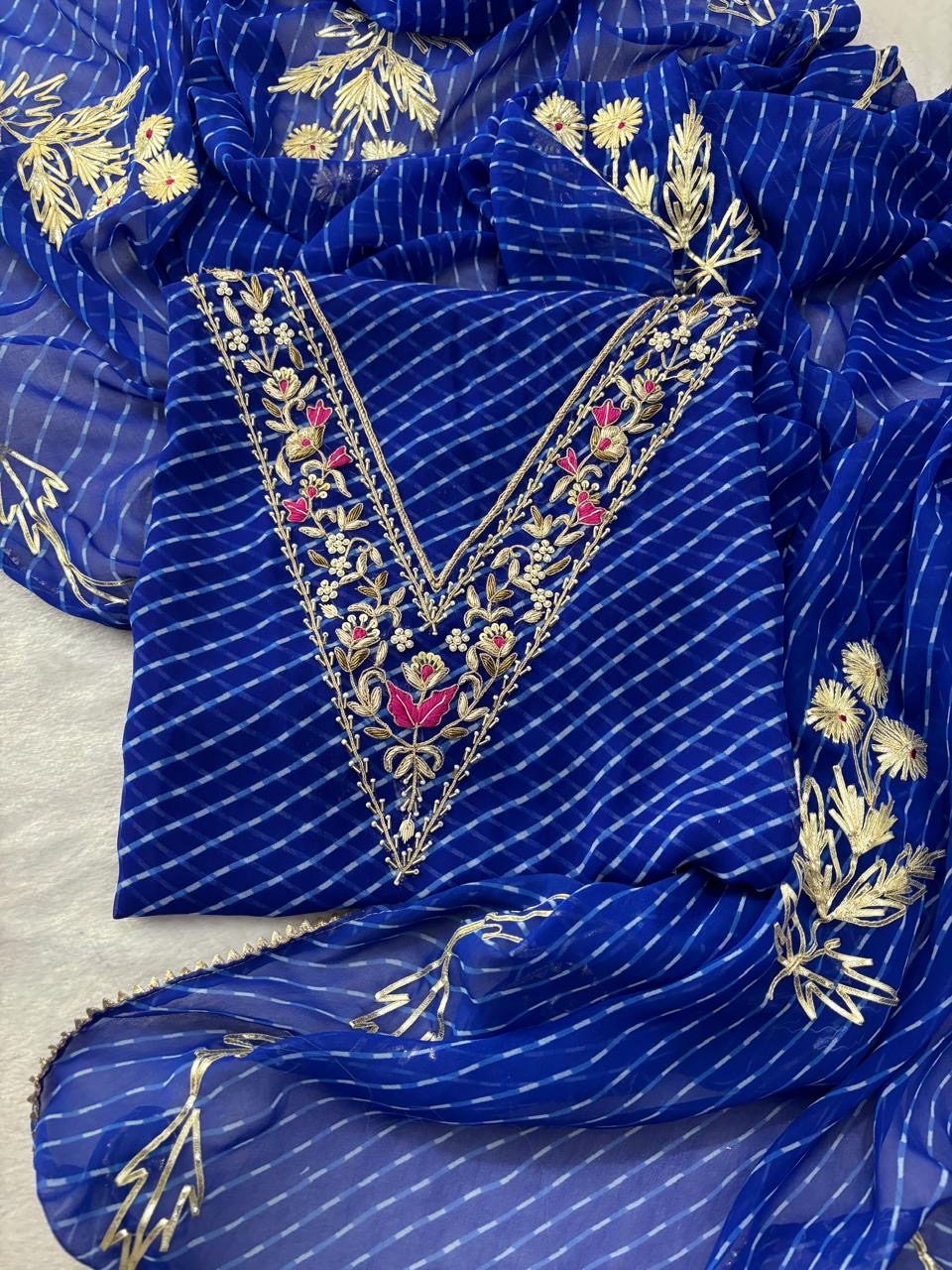 V Neck Blue Leheriya Georgette Suit with Heavy Hand Embroidery zardozi work | THE BHANKAR'S
