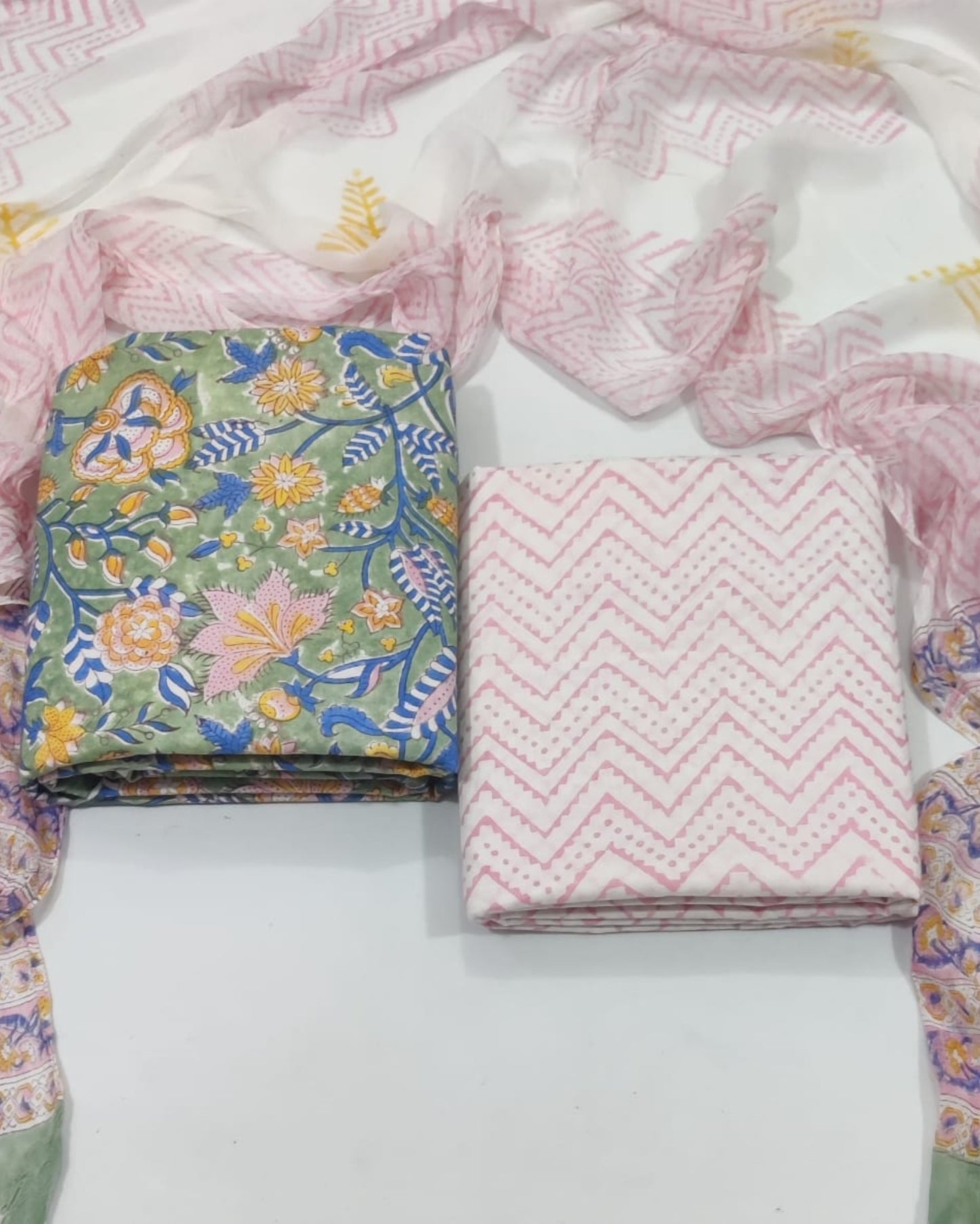 Rapid Hand Block Printed Cotton Suit With Chiffon Dupatta