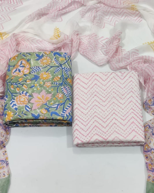 Rapid Hand Block Printed Cotton Suit With Chiffon Dupatta