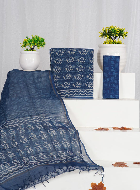 Indigo Dabu Printed Kota Doria Suit Material With Kota Doria Dupatta with Jari Border