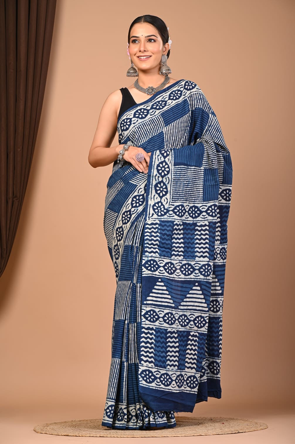 Indigo Hand Block Printed Cotton Mulmul Saree with Blouse Piece