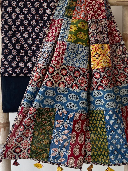 Ajrakh Dupatta suit With hand applique mirror work Ajarakh print Suit pcs with patch work and mirror work dupatta