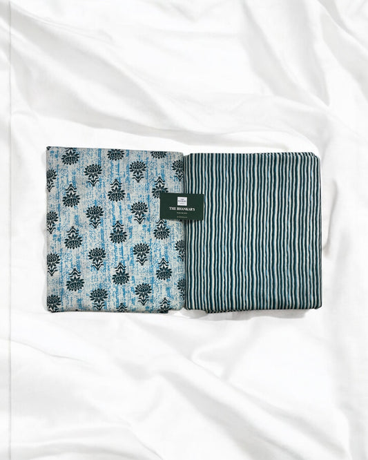 Blue Mughal Buti Top and Bottom Cotton Combo Set 2.5 Mtr Top 2.5 Mtr Bottom