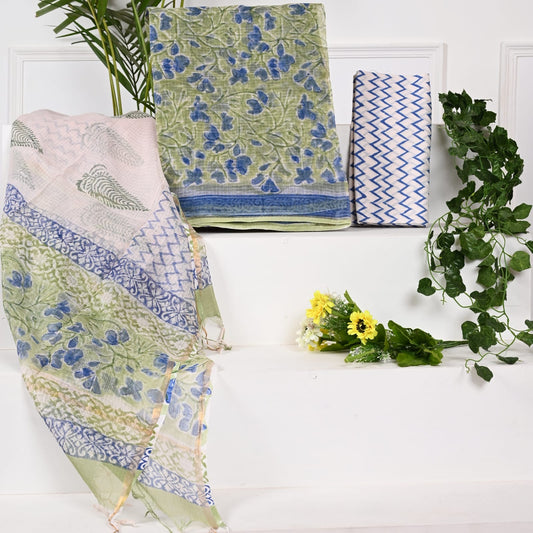 Handblock Printed Kota Doria Suit Material With Kota Doria Dupatta with Jari Border