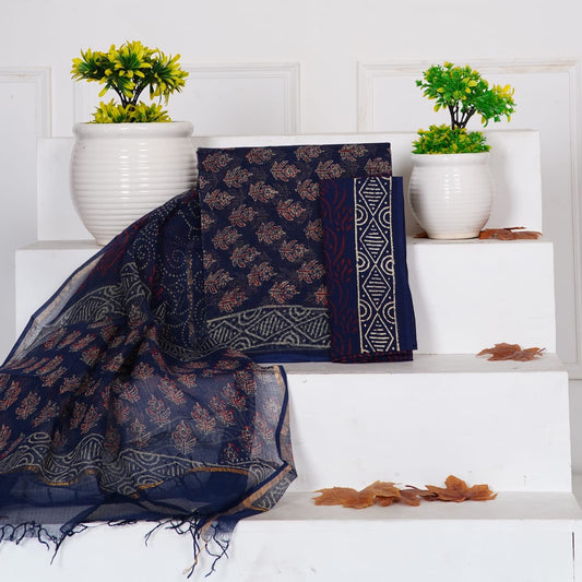 Blue Sanganeri Handblock Printed Kota Doria Suit Material With Kota Doria Dupatta with Jari Border