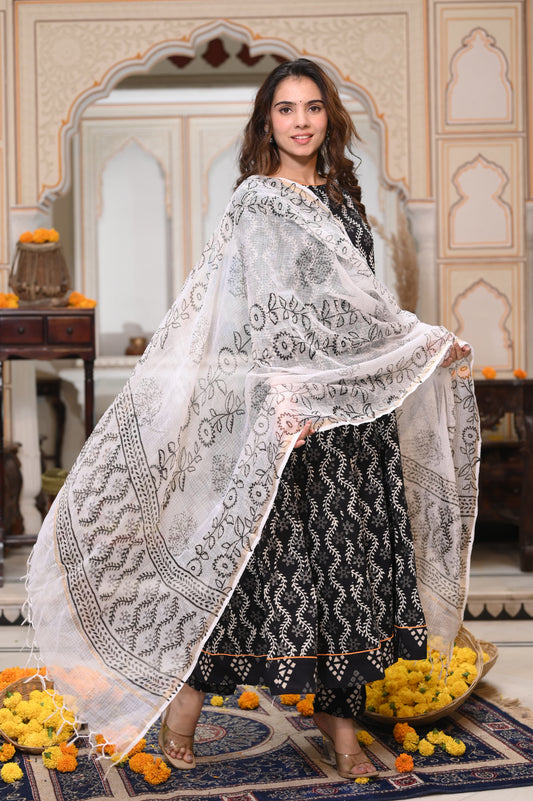 Bagru Handblock Printed Anarkali Set With Kota doria Dupatta with Zari Border