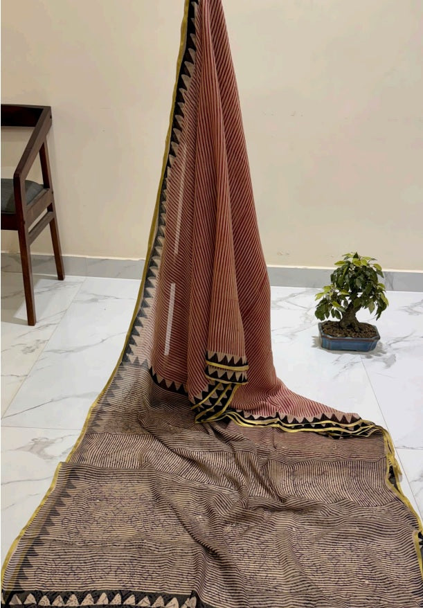 Exclusive Premium Handblock Printed Pure Double Diamond Chiffon Saree with Matching Blouse Piece – Elegant Peach Beige Traditional Design