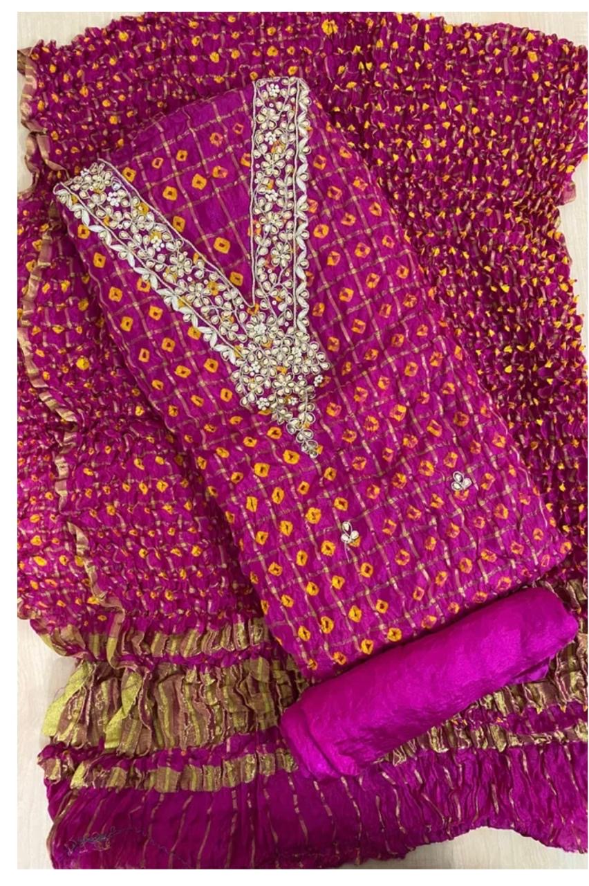Rani/ Pink GHATCHOLA Neck BANDHANI Art SILK FABRIC SUITS WITH BEAUTIFUL HAND GOTAPATTI WORK DUPATTA
