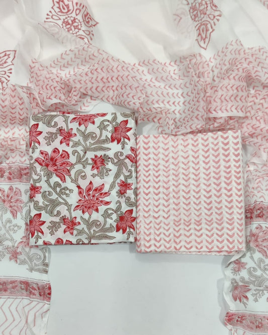 Rapid Hand Block Printed Cotton Suit With Chiffon Dupatta