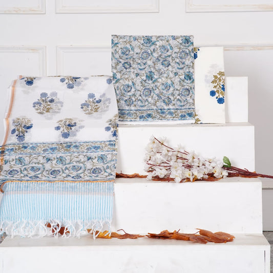 White - 3pc Sanganeri Block Printed Kota Doria Suit Material With Kota Doria Dupatta with Jari Border