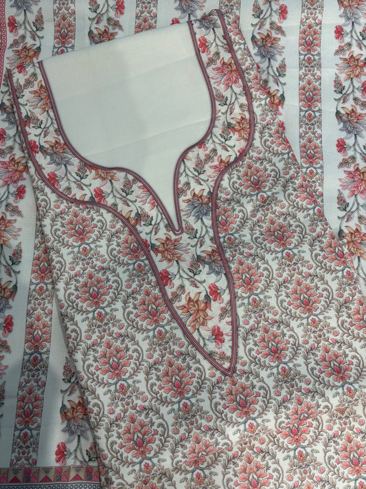 Off White Panel Style Floral Printed Semi Pashmina Winter Suit Set